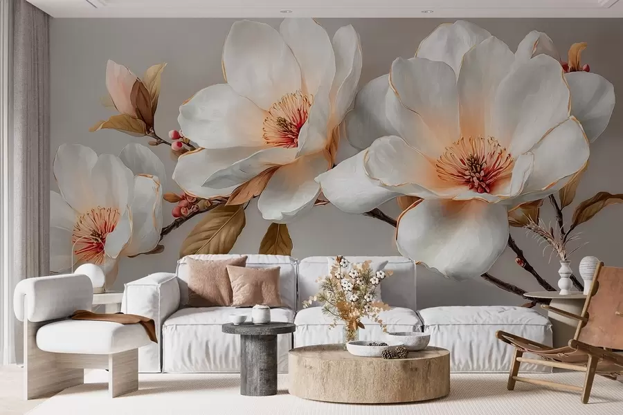 fototapet Flori delicate pe o ramură în tonuri pastelate cu centre portocalii w09299