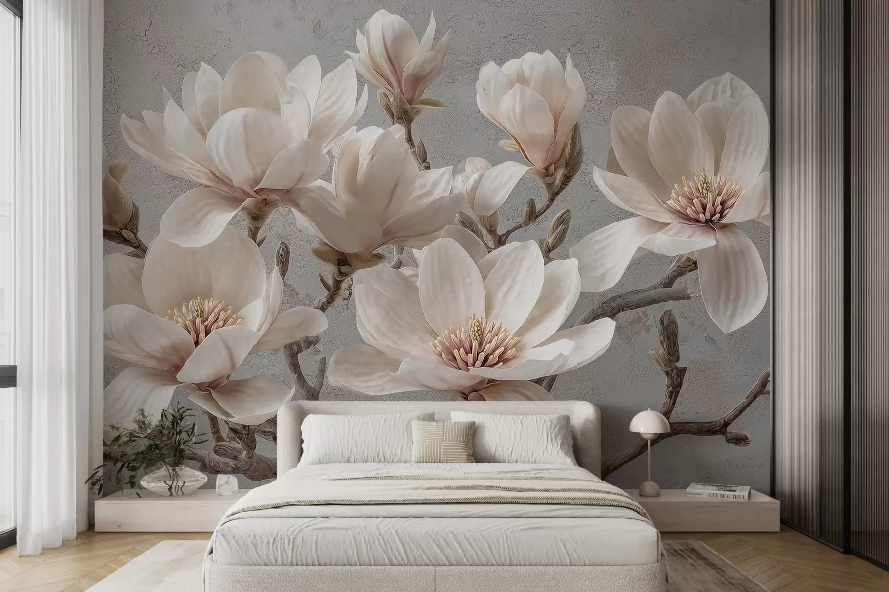 fototapet Ramuri de magnolie cu flori mari de lumină în tonuri atenuate w09305