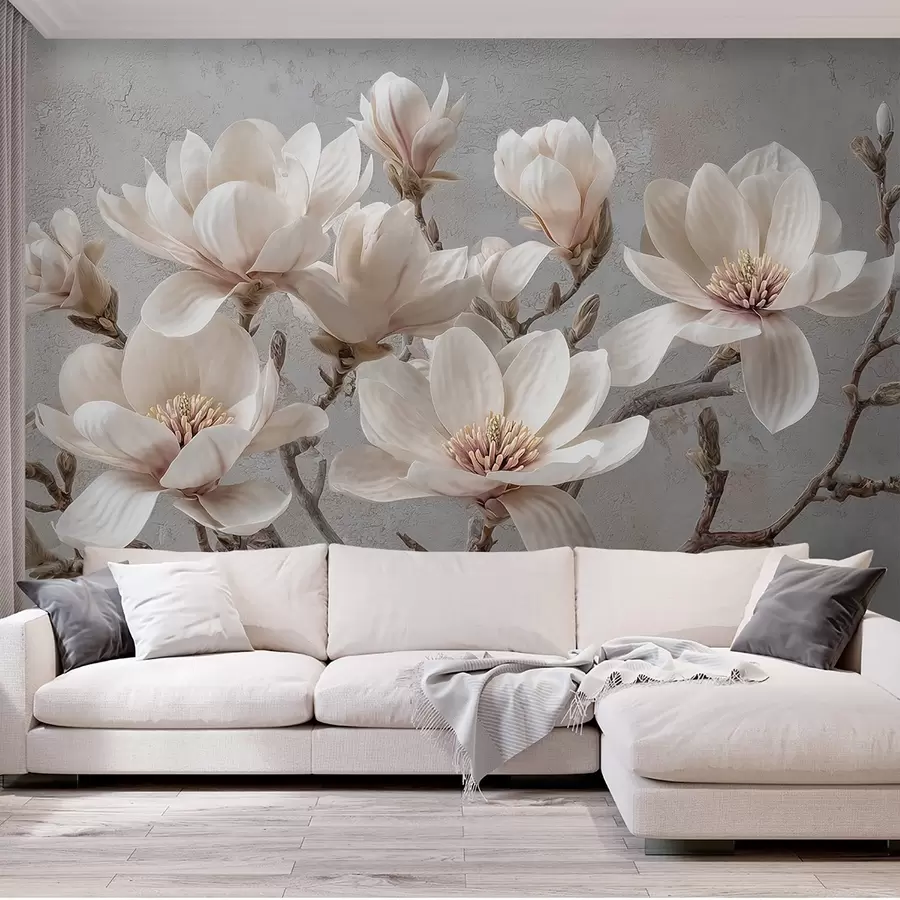 fototapet Ramuri de magnolie cu flori mari de lumină în tonuri atenuate w09305