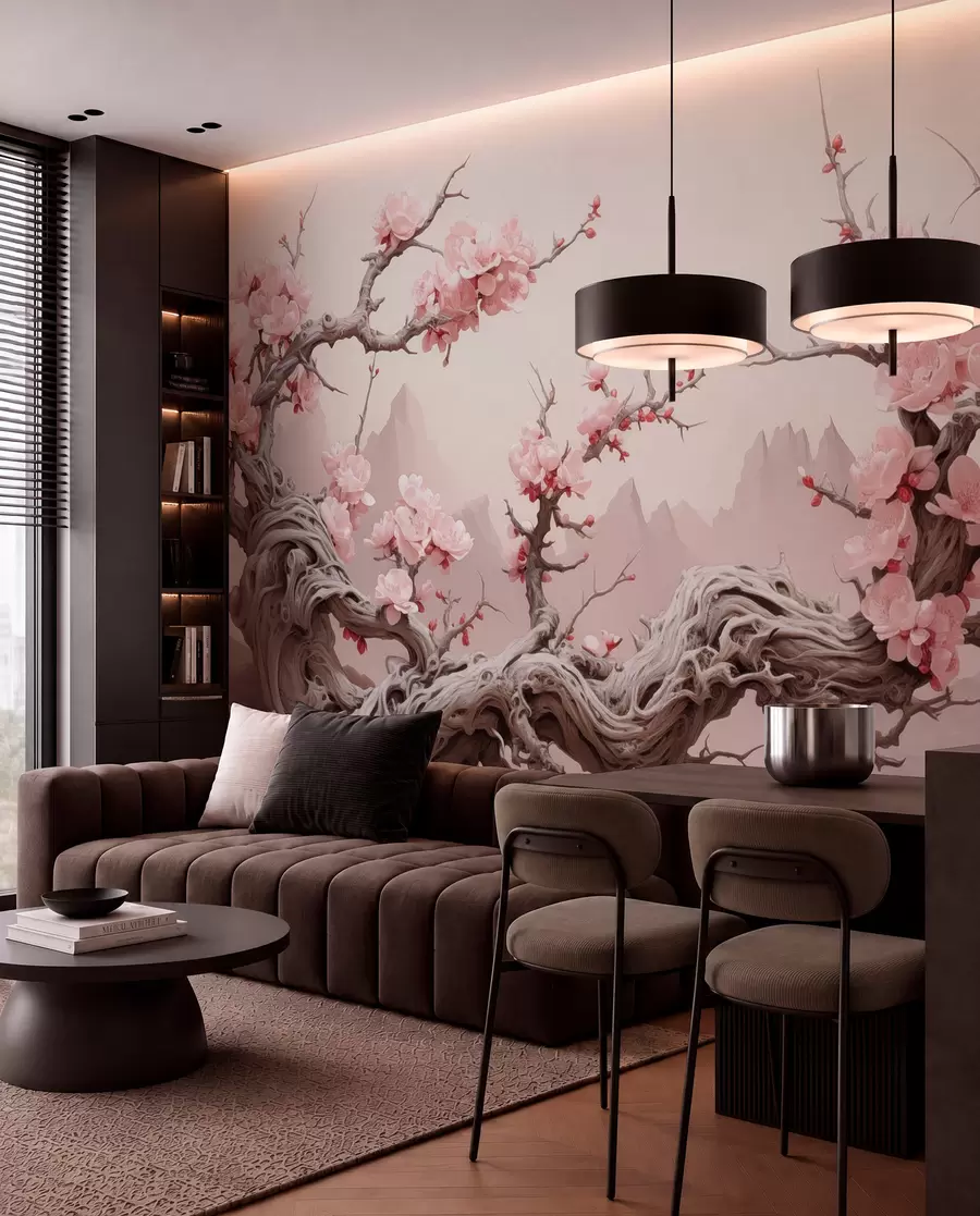fototapet Trunchi de copac răsucit cu sakura roz înflorit w09388