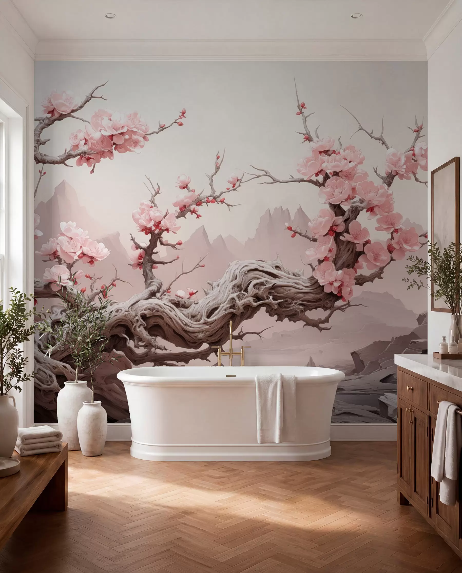 fototapet Trunchi de copac răsucit cu sakura roz înflorit w09388