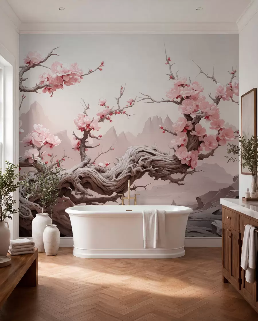 fototapet Trunchi de copac răsucit cu sakura roz înflorit w09388