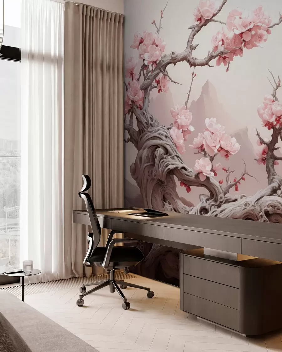 fototapet Trunchi de copac răsucit cu sakura roz înflorit w09388