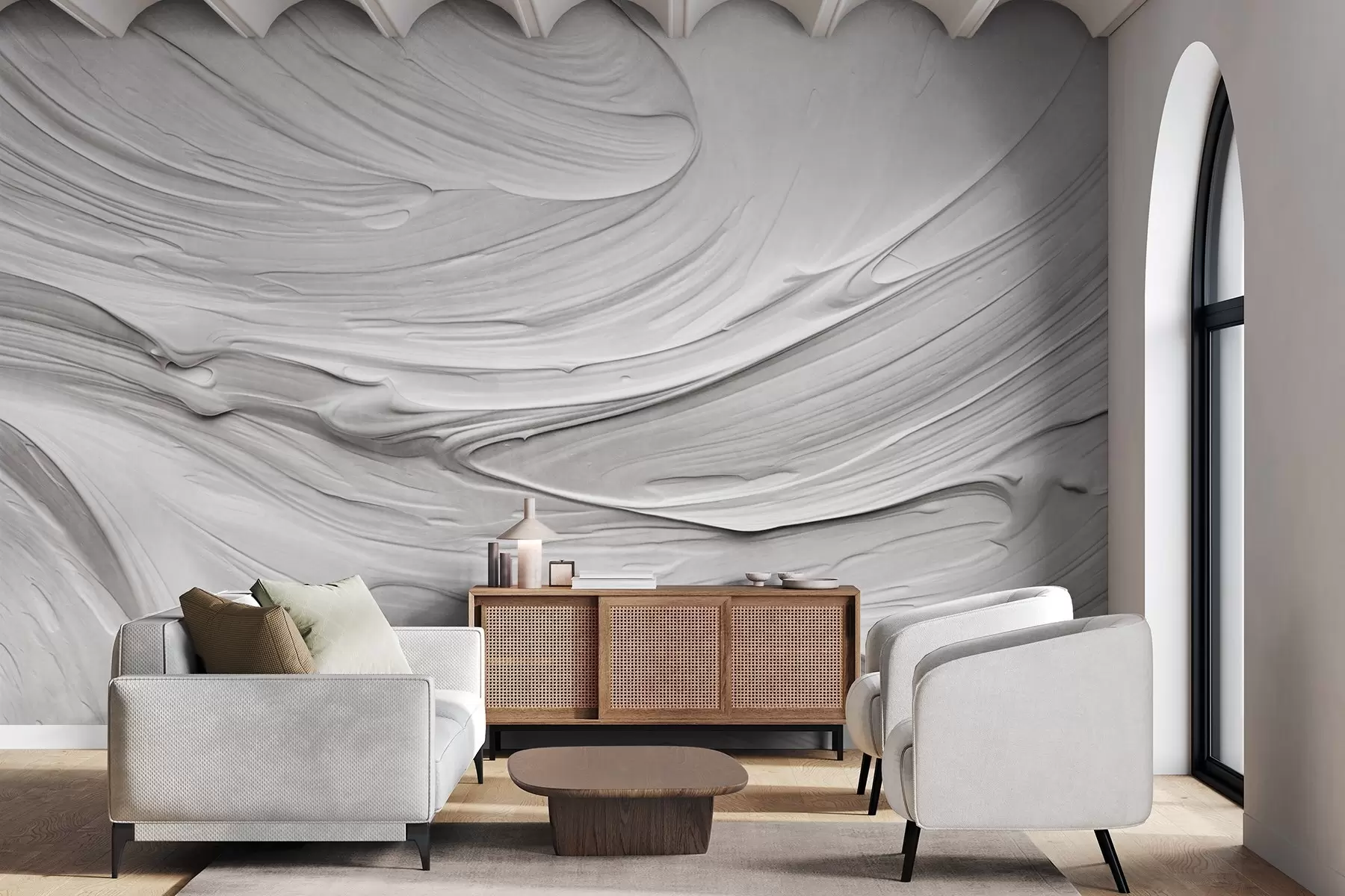 fototapet Imitare de tușe abstracte de vopsea albă texturată cu un model învolburat, compoziție modernă neutră, minimalistă w09394