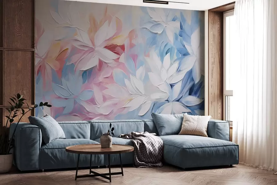 fototapet Flori albe texturate cu frunze roz și albastre, pictură în ulei în stil abstract, tușe moi, culori pastelate w09396