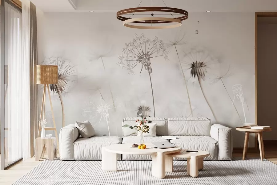 fototapet Păpădii cu picături de apă, fundal alb, prim-plan, lumină difuză, natură, botanică, eterică, delicată, minimalistă w09399