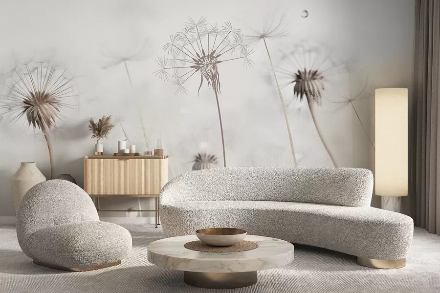 fototapet Păpădii cu picături de apă, fundal alb, prim-plan, lumină difuză, natură, botanică, eterică, delicată, minimalistă w09399