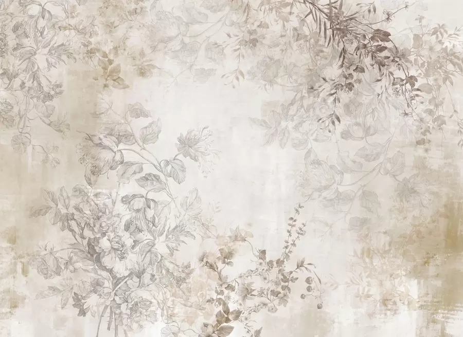 fototapet Artă florală vintage texturată, cu ilustrații delicate ale florilor și frunzelor din grădină, în stil desen, în tonuri pastelate delicate de bej și sepia w09402