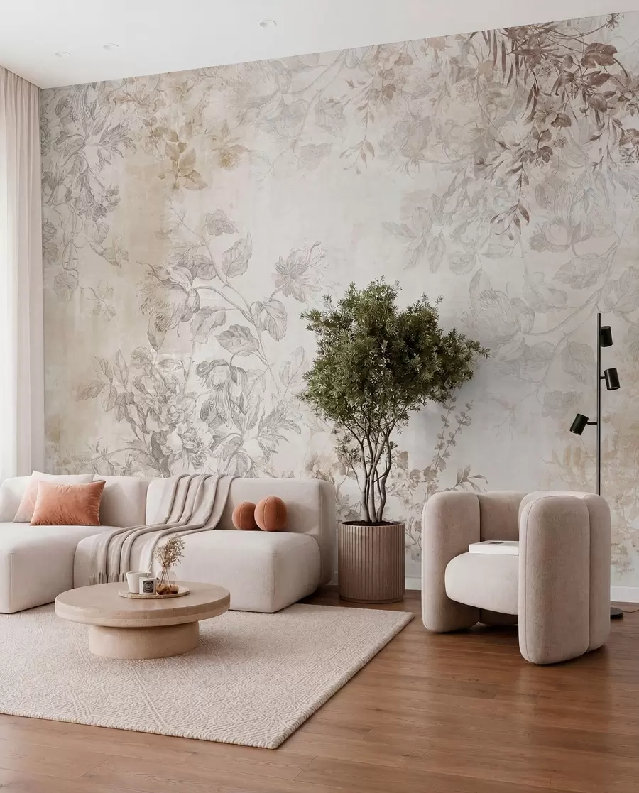 fototapet Artă florală vintage texturată, cu ilustrații delicate ale florilor și frunzelor din grădină, în stil desen, în tonuri pastelate delicate de bej și sepia w09402