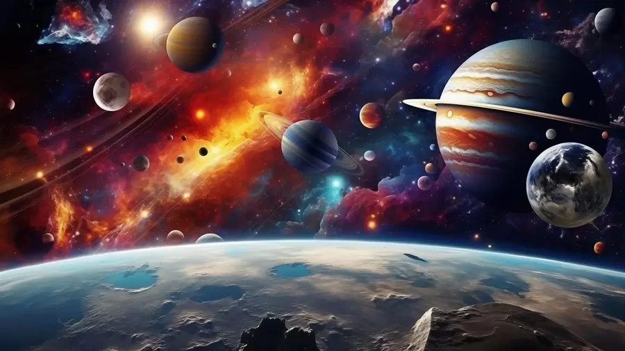 fototapet Cosmos colorat cu planete și nebuloase w04576