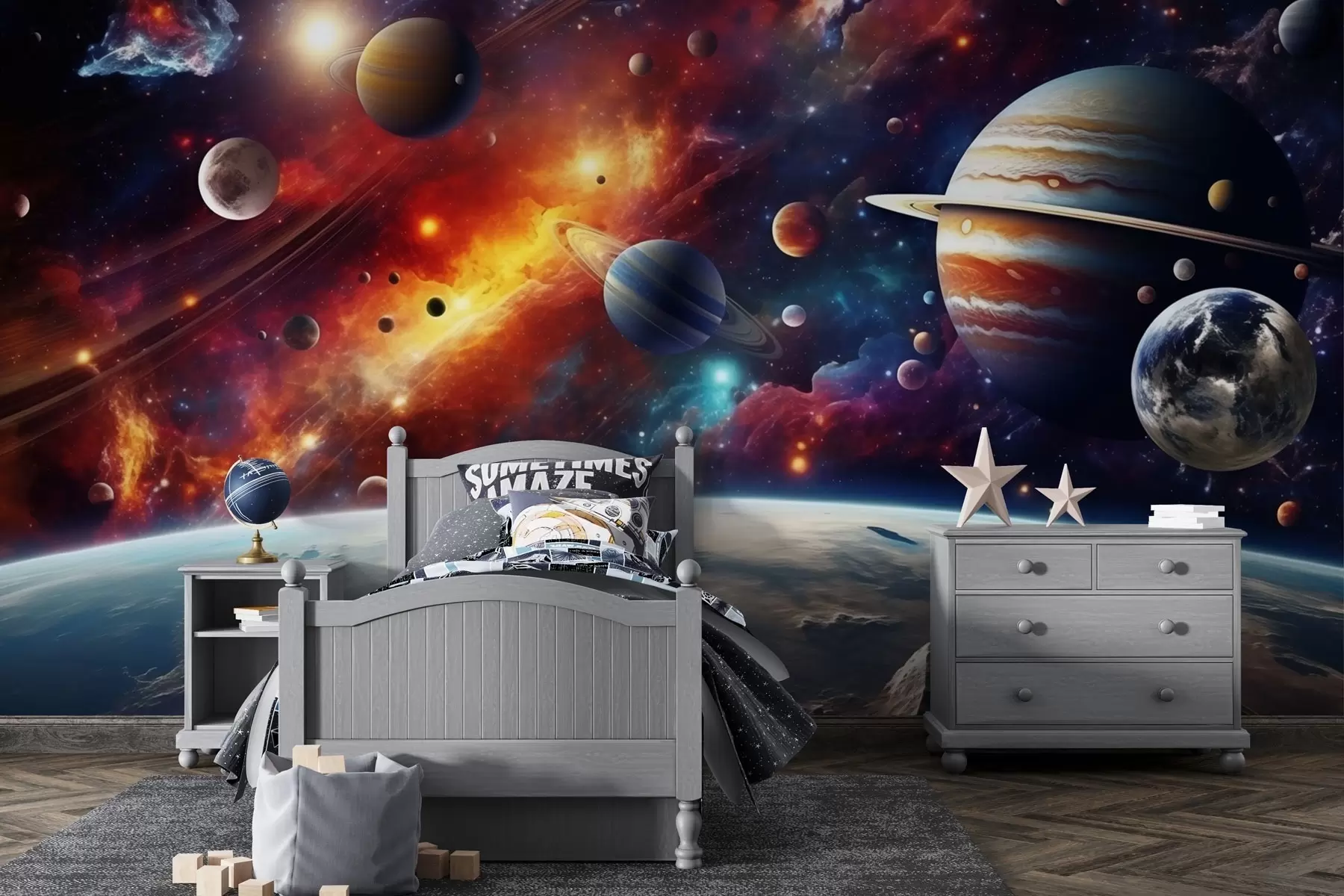 fototapet Cosmos colorat cu planete și nebuloase w04576