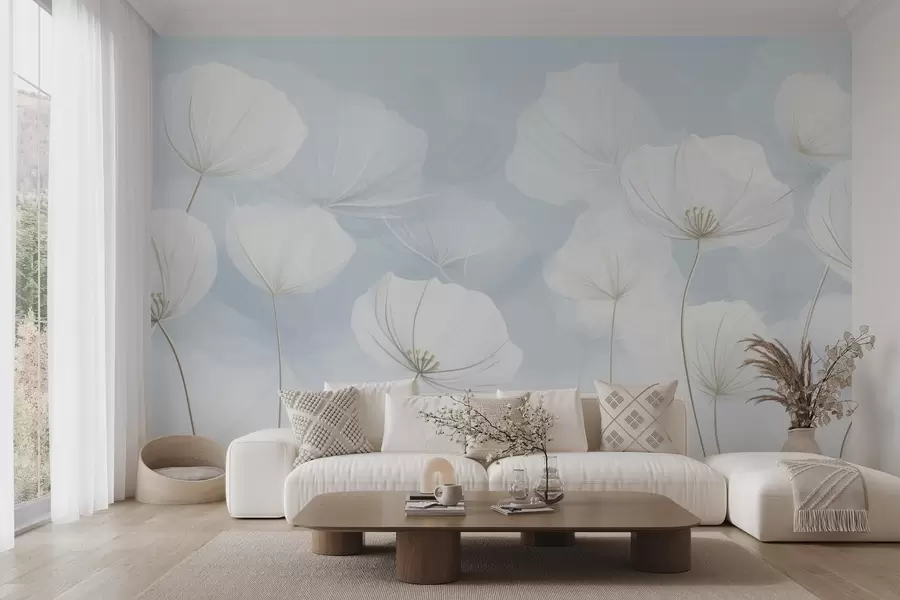 fototapet Flori albe aerisite pe fundal albastru w04580