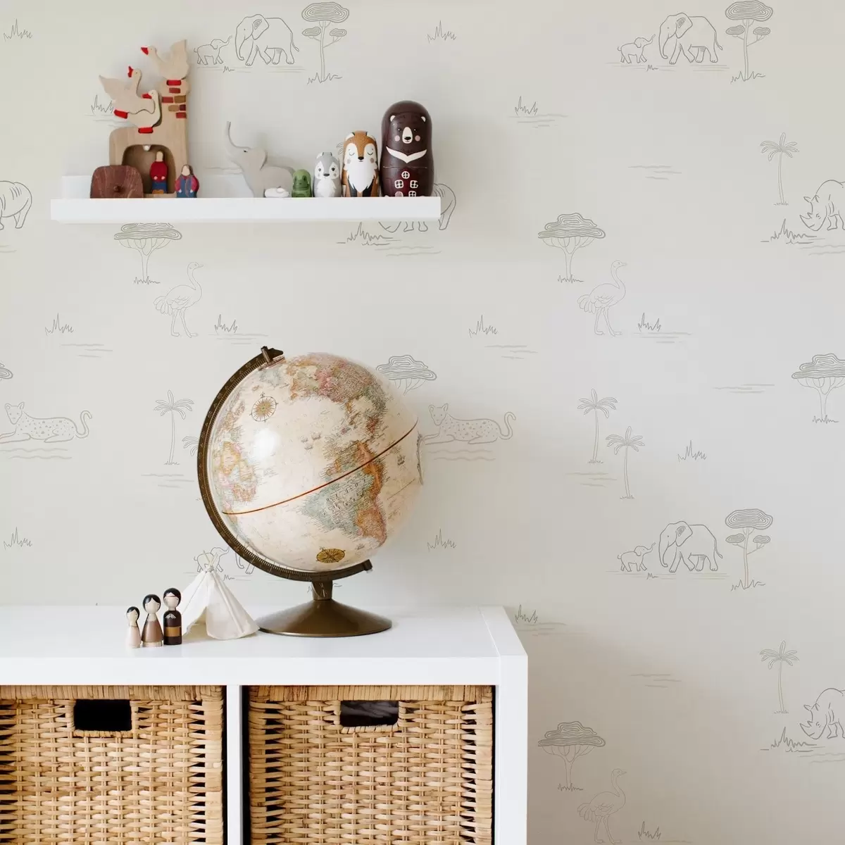 Wallpaper Safari minimalist: elefanți, rinoceri, leoparzi și palmieri a00492