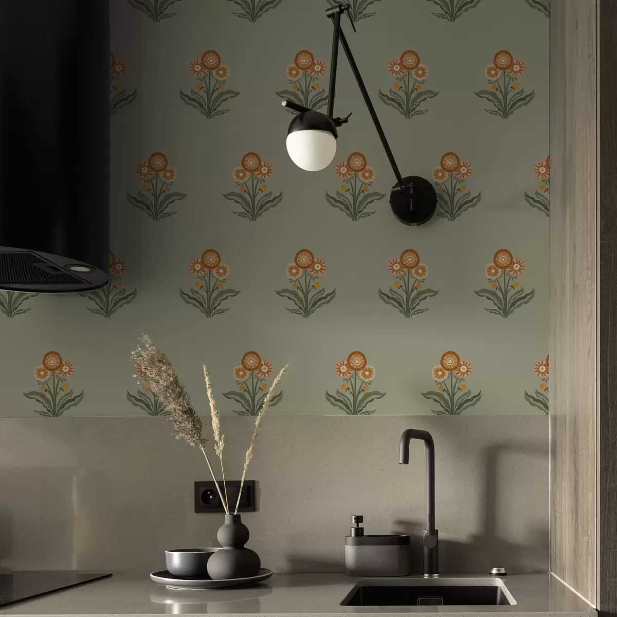 Wallpaper Flori stilizate pe fundal măslin, tonuri calde a00494v2