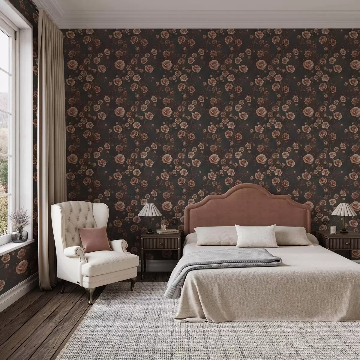 Wallpaper Trandafiri vintage pe fundal grafit, paletă teracotă a00497v1