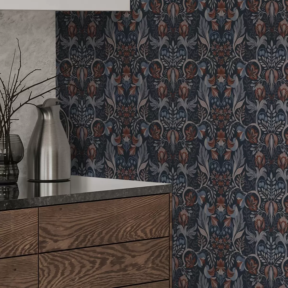 Wallpaper Ornament popular cu păsări, indigo intens a00502v1