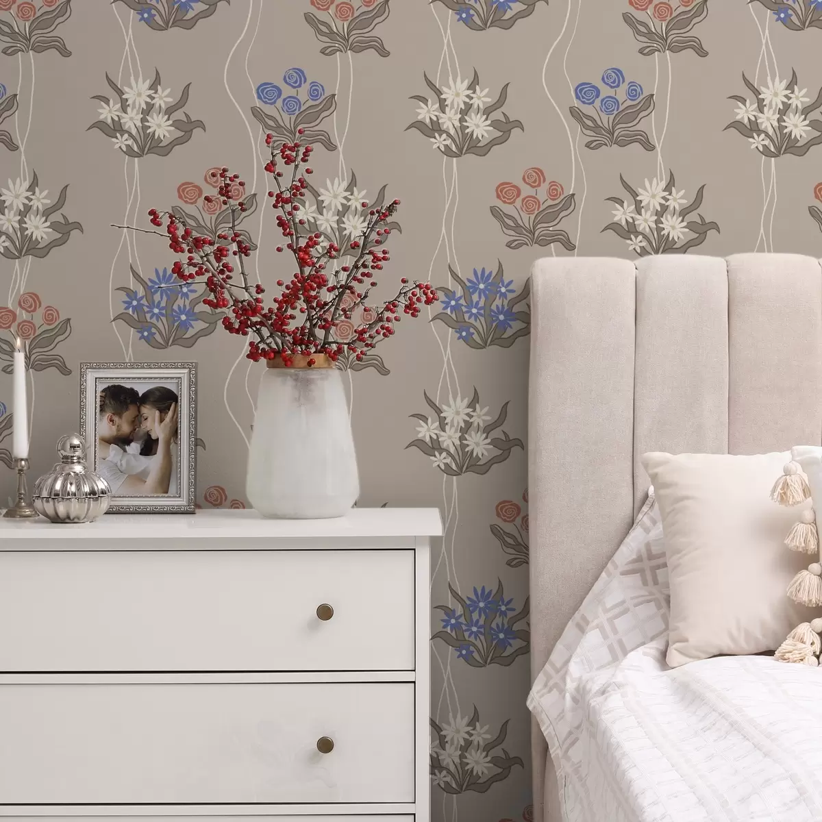 Wallpaper Flori retro cu linii ondulate pe fond bej cald a00503