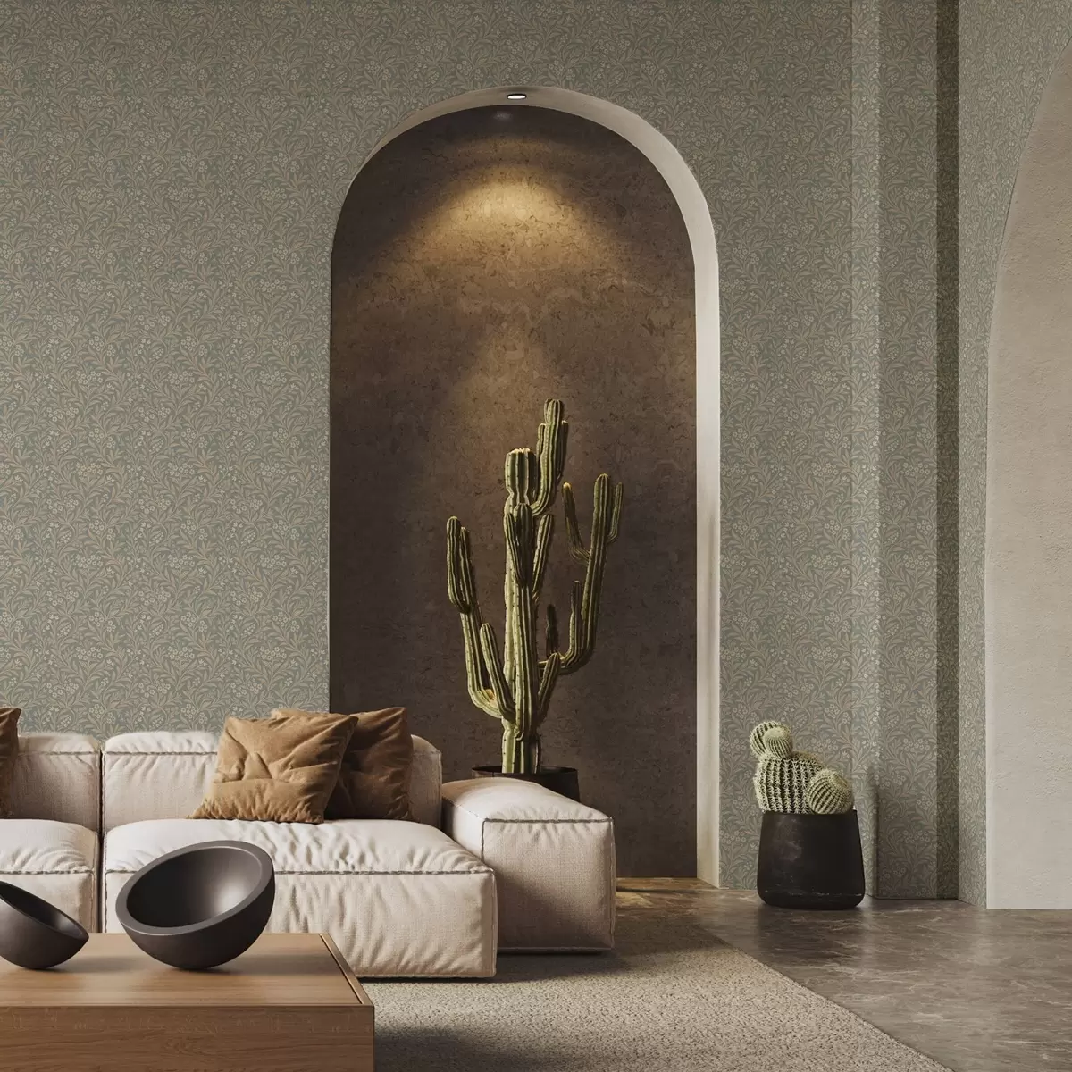 Wallpaper Stil Morris: ramuri bej pe fond gri-verde a00569