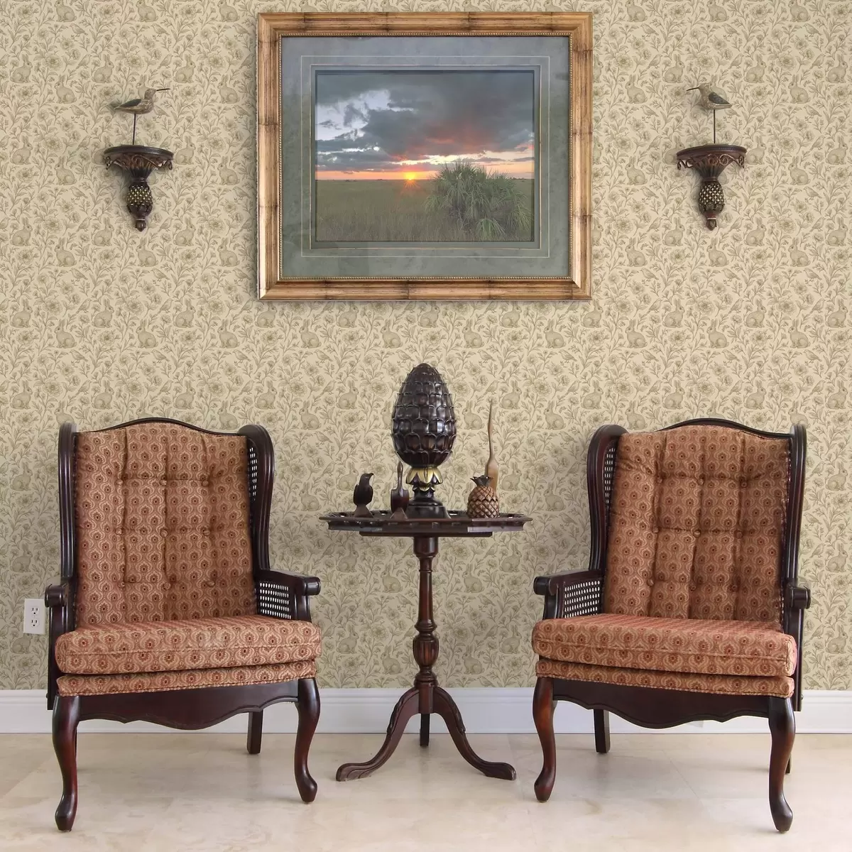 Wallpaper Iepuri și păsări într-un model floral a00571