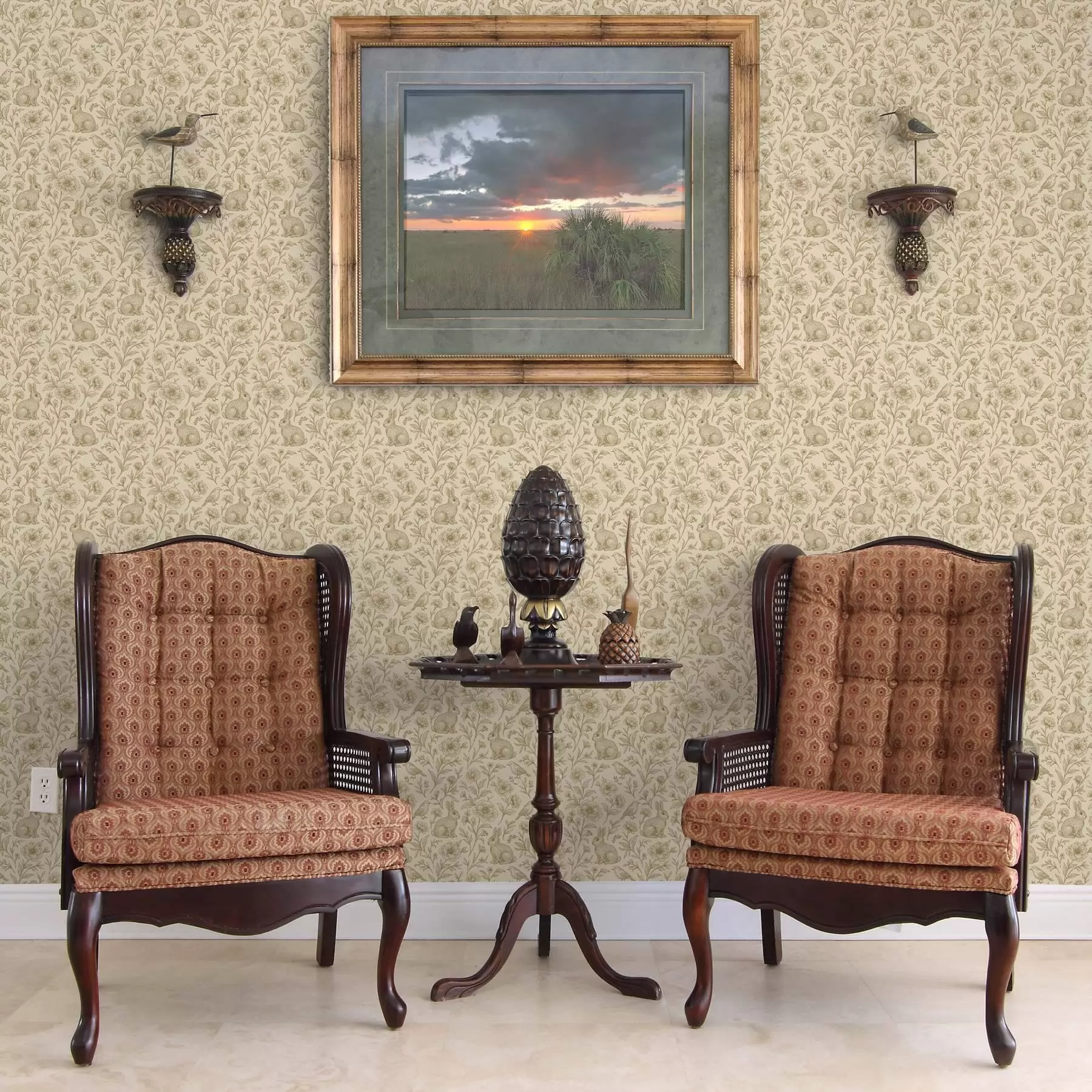 fototapet Iepuri și păsări într-un model floral a00571