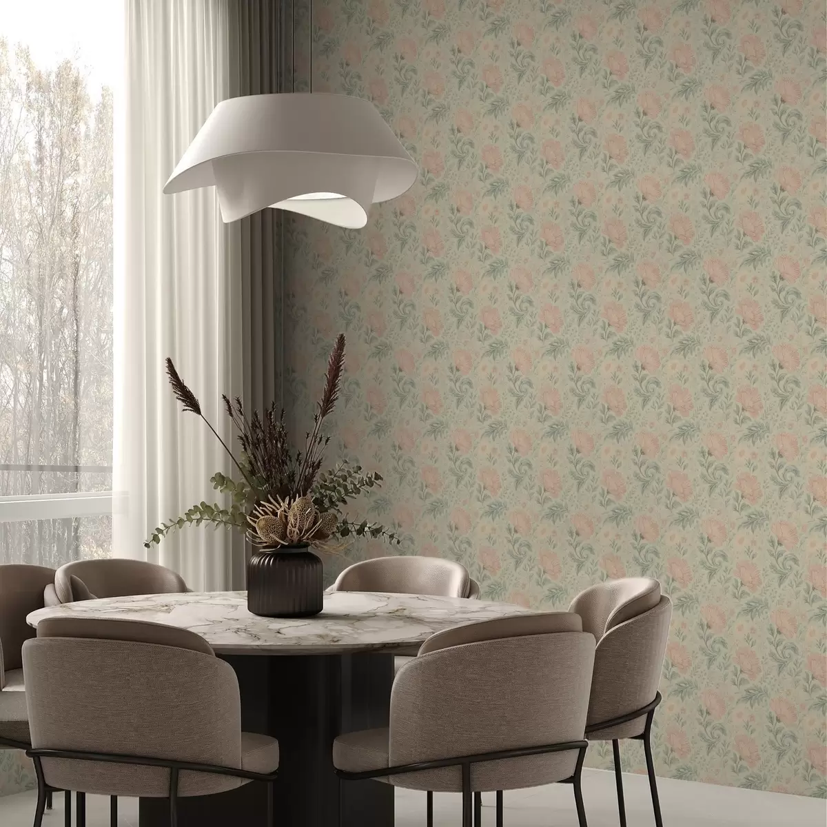 Wallpaper Flori mari de piersic vintage cu frunze de salvie a00580