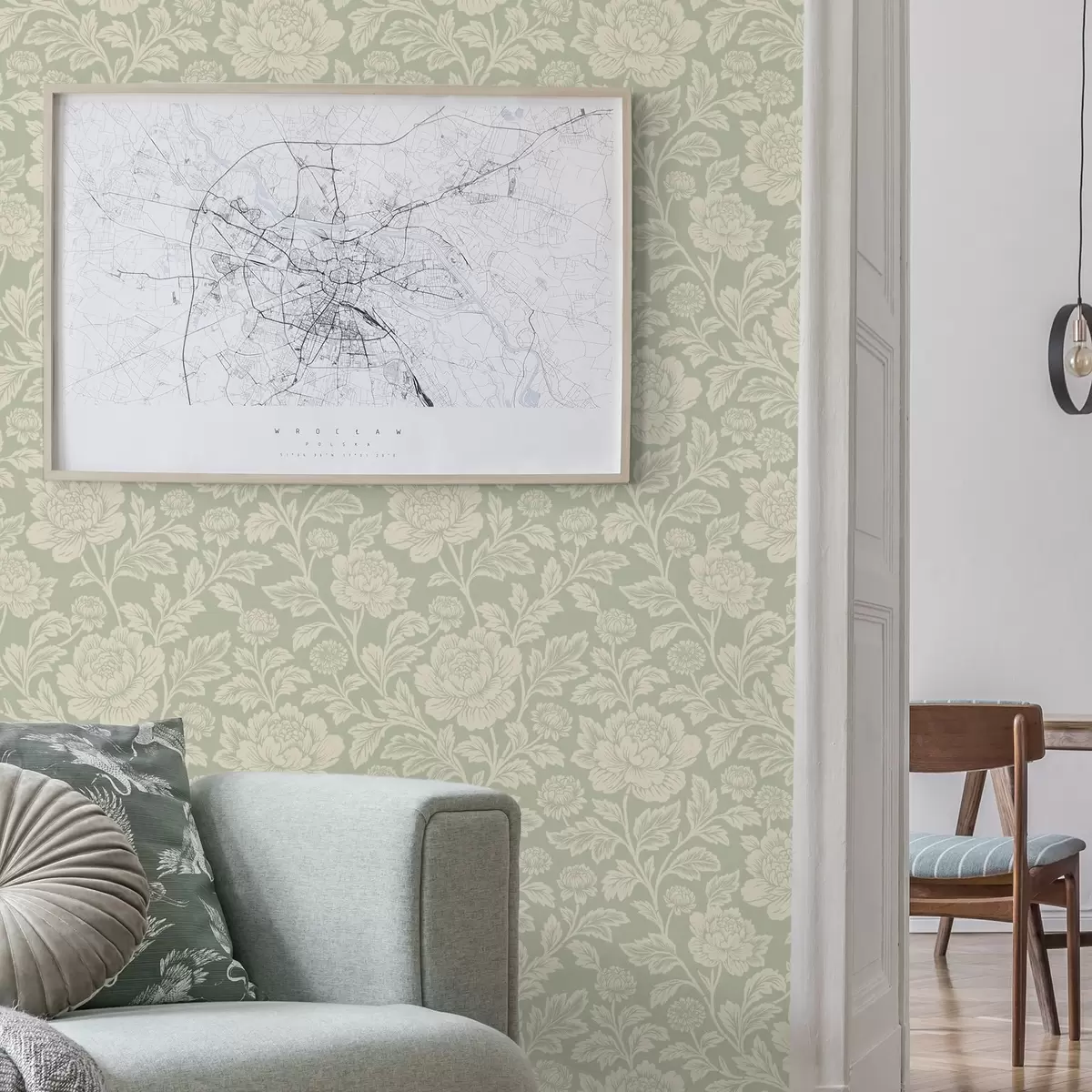 Wallpaper Bujori mari, desenați în stil line-art, pe un fundal de culoarea salviei a00582