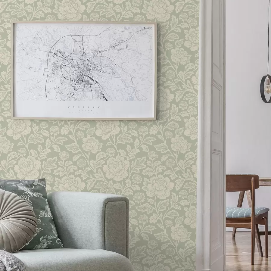 fototapet Bujori mari, desenați în stil line-art, pe un fundal de culoarea salviei a00582