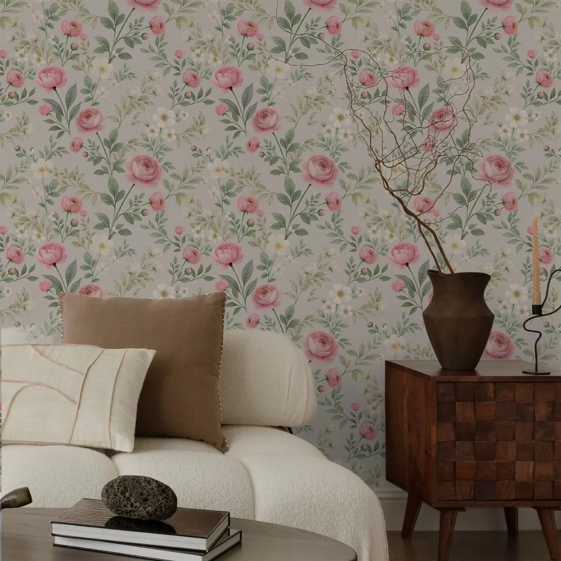 fototapet Bujori acuarelă și flori albe pe fond gri-bej a00592