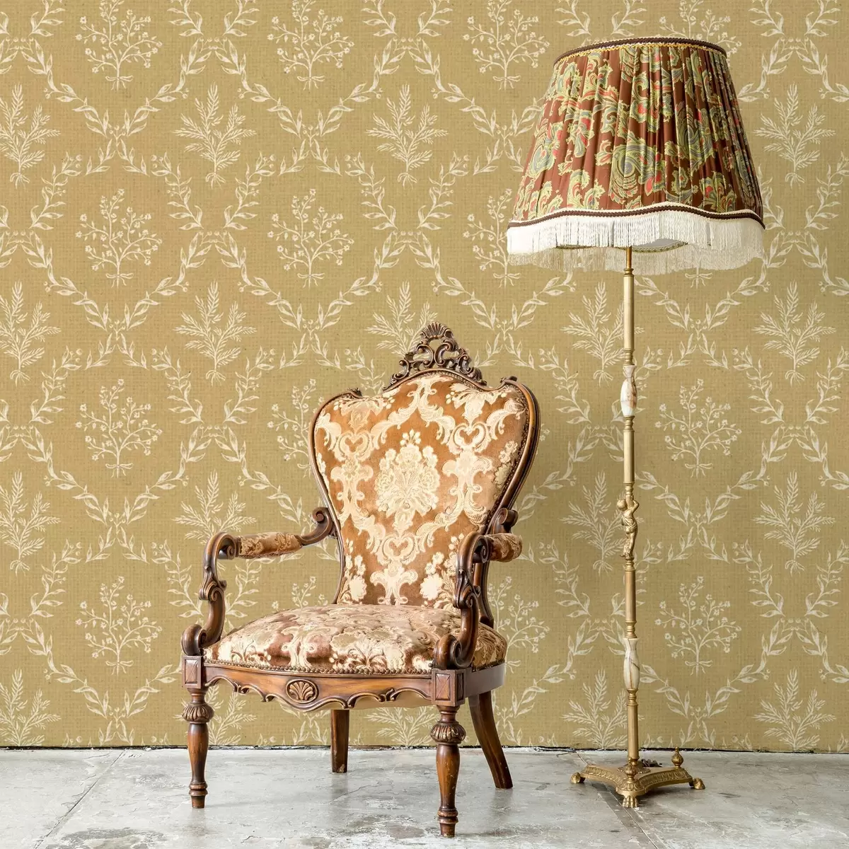 Wallpaper Coroane albe din ierburi și flori pe un fundal de muștar a00599