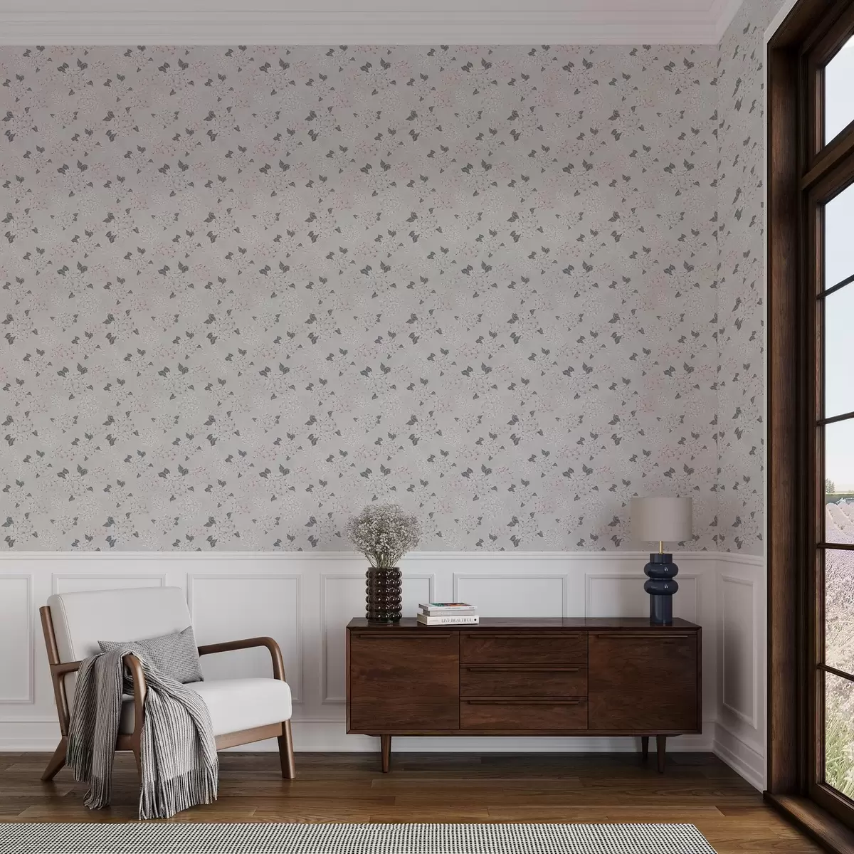 Wallpaper Flori aerisite pe un fundal deschis, în nuanțe delicate de roz-gri a00600