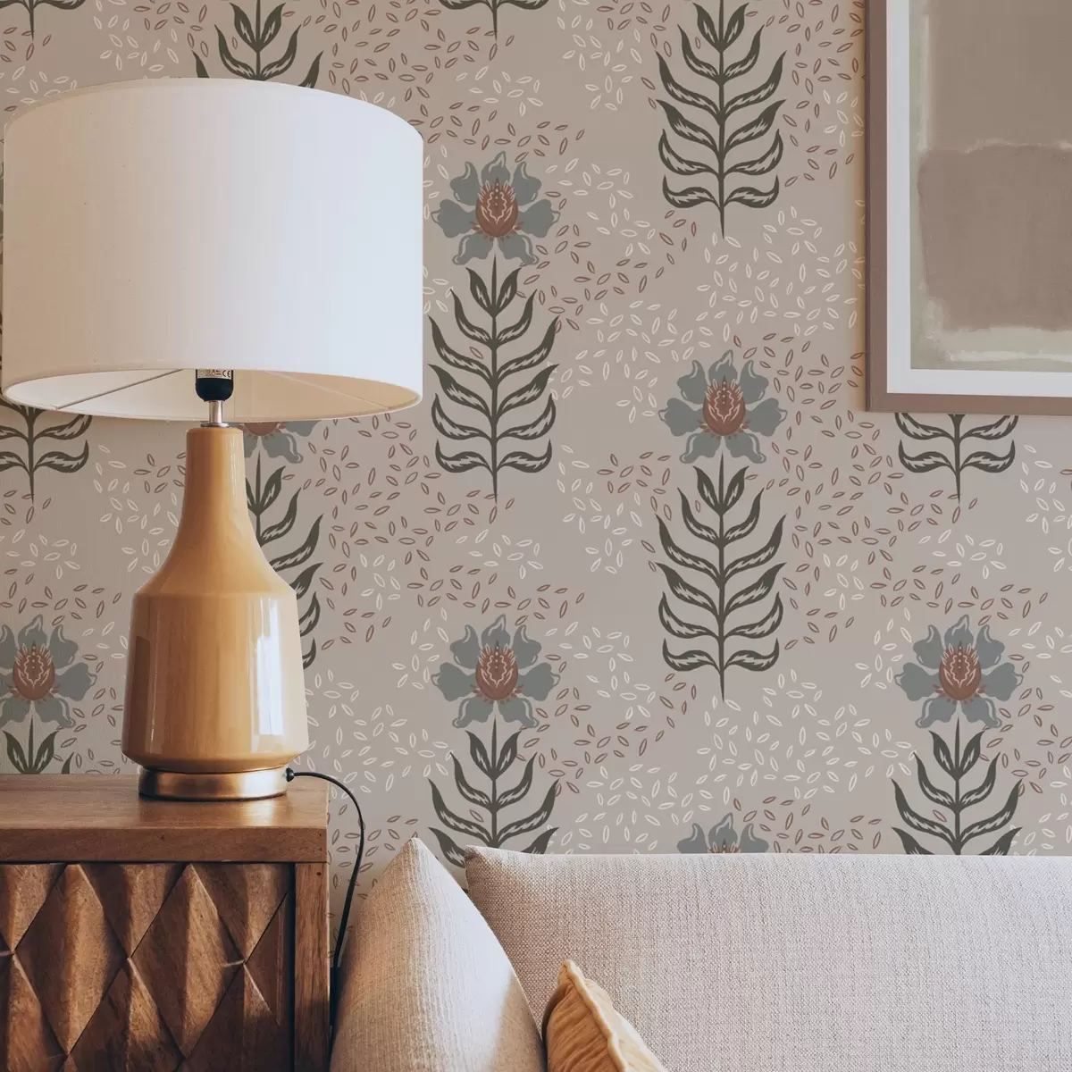 Wallpaper Flori și semințe stilizate pe fond bej cald a00604