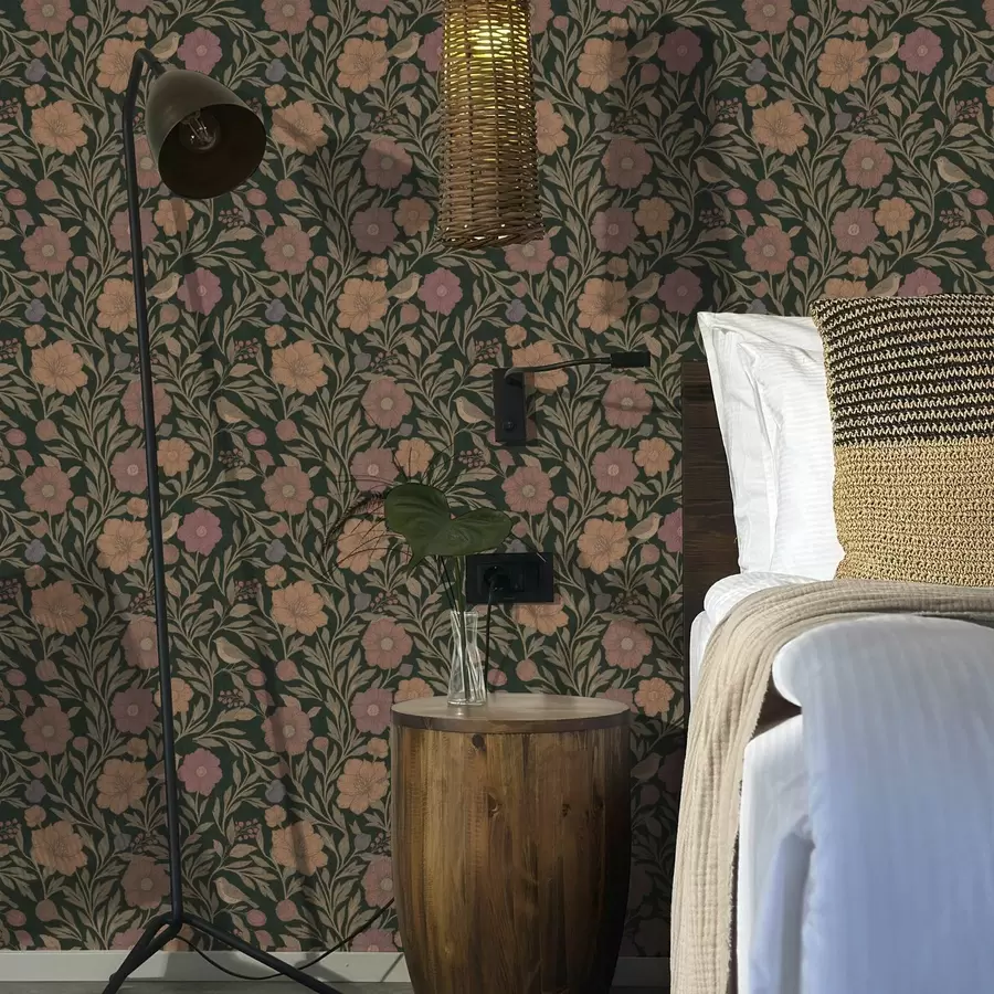 fototapet Flori de toamnă și păsări pe fundal smarald intens a00605v1