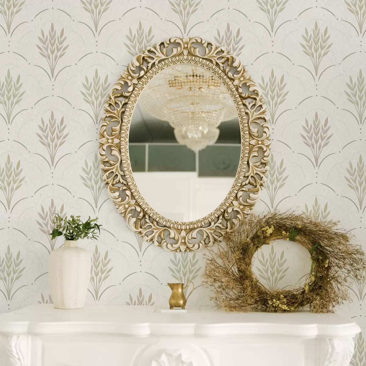 Wallpaper Grâu într-un ornament arcuit, pasteluri delicate pe fond alb a00607v1