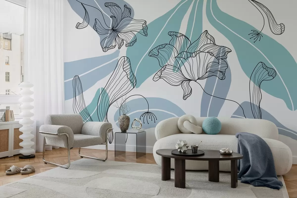 fototapet frunze și flori abstracte în tonuri de albastru w04499v2