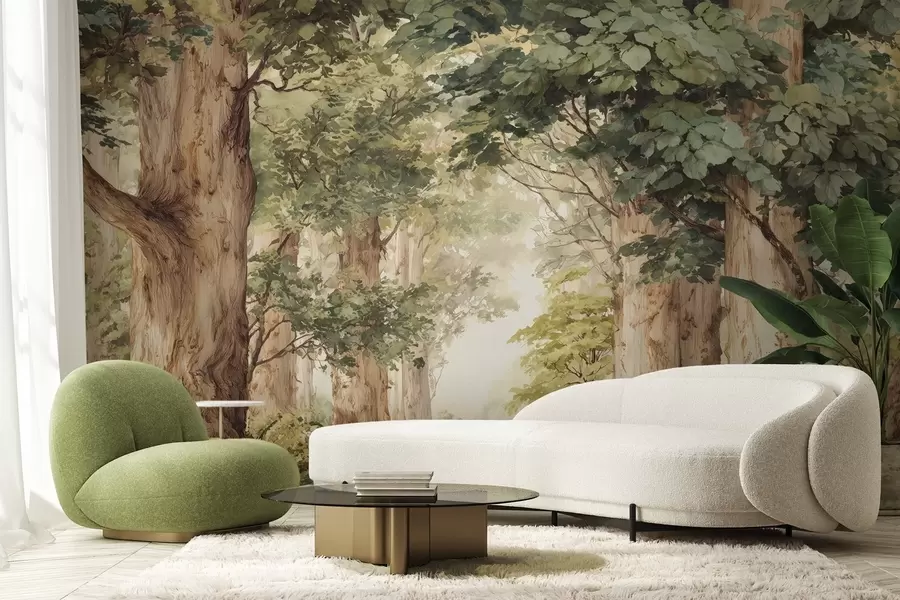 fototapet Potecă forestieră printre copaci maiestuoși, în stil acuarelă w09404