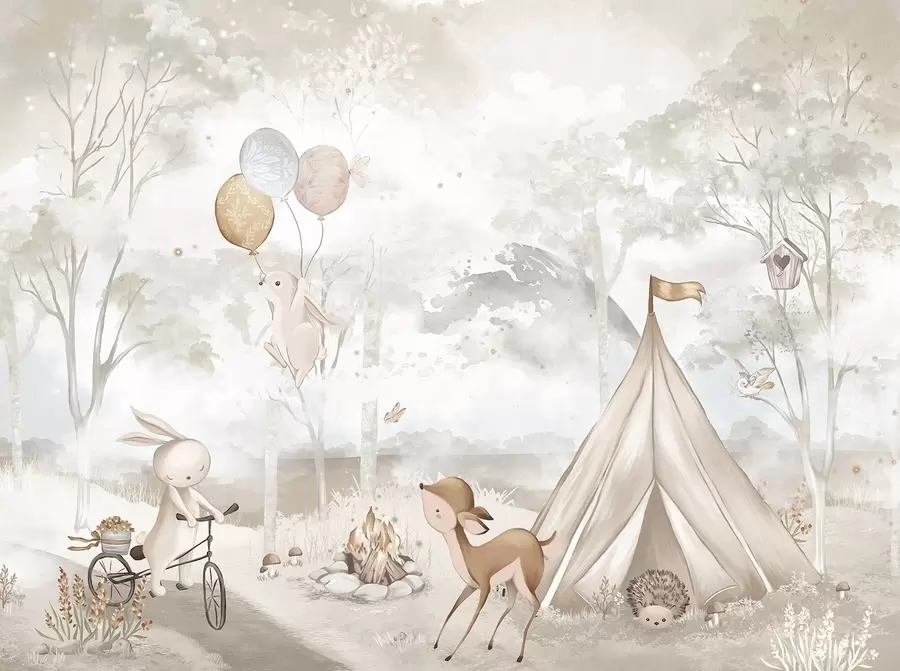 fototapet Tabără pentru copii în tonuri calde de bej, cort și animale din pădure w04671