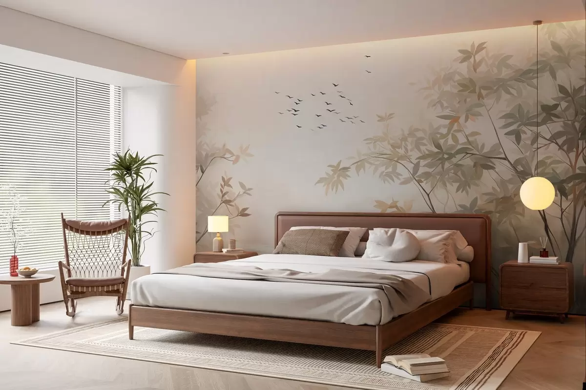 fototapet Peisaj texturat cu copaci și o turmă de păsări zburând pe cer, culori pastelate, scenă din natură w09418