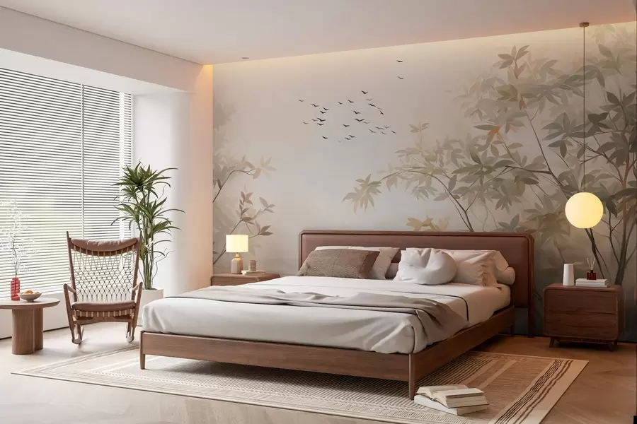 fototapet Peisaj texturat cu copaci și o turmă de păsări zburând pe cer, culori pastelate, scenă din natură w09418