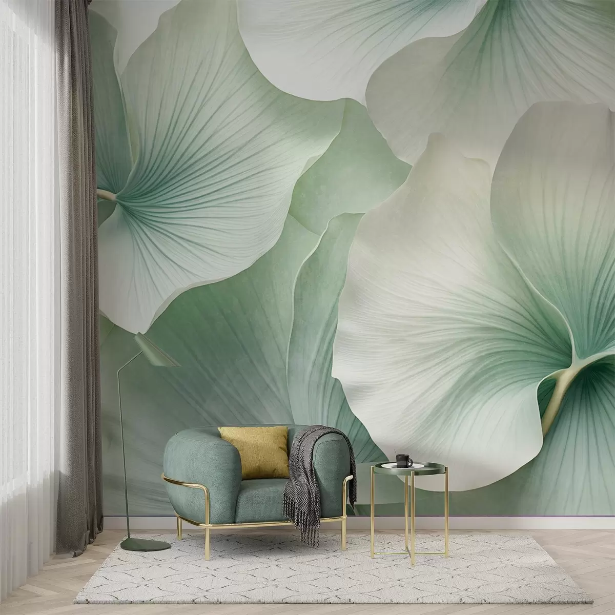 fototapet Frunze de ginkgo albe și verzi, textură moale, fundal floral abstract, stil modern minimalist w09421