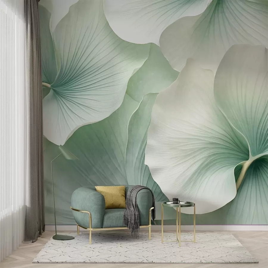 fototapet Frunze de ginkgo albe și verzi, textură moale, fundal floral abstract, stil modern minimalist w09421