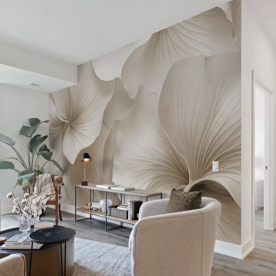 fototapet Frunze de ginkgo albe și bej, textură moale, fundal floral abstract, stil modern minimalist w09421v1