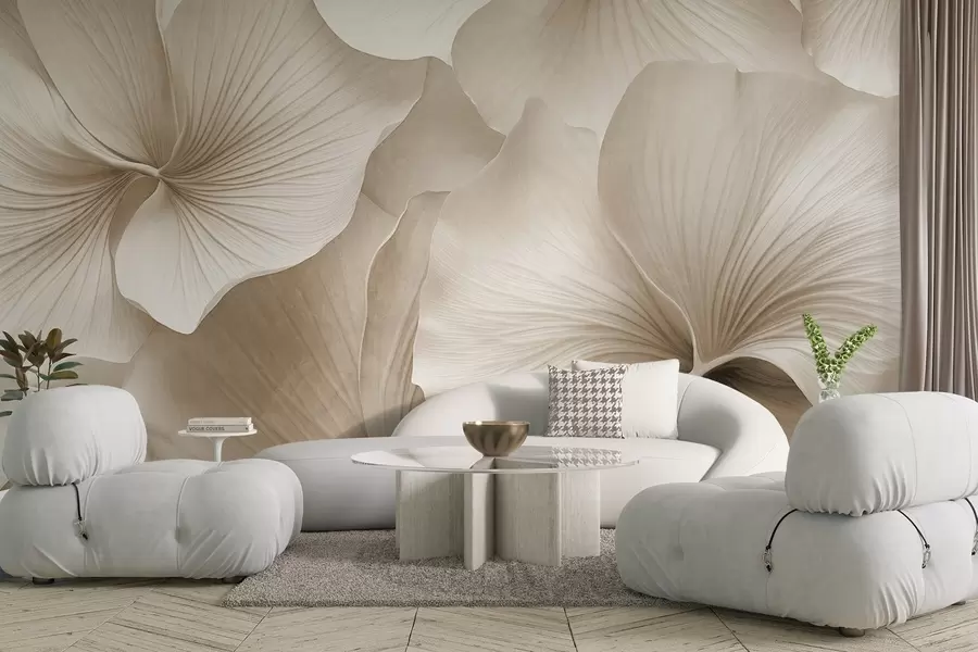 fototapet Frunze de ginkgo albe și bej, textură moale, fundal floral abstract, stil modern minimalist w09421v1