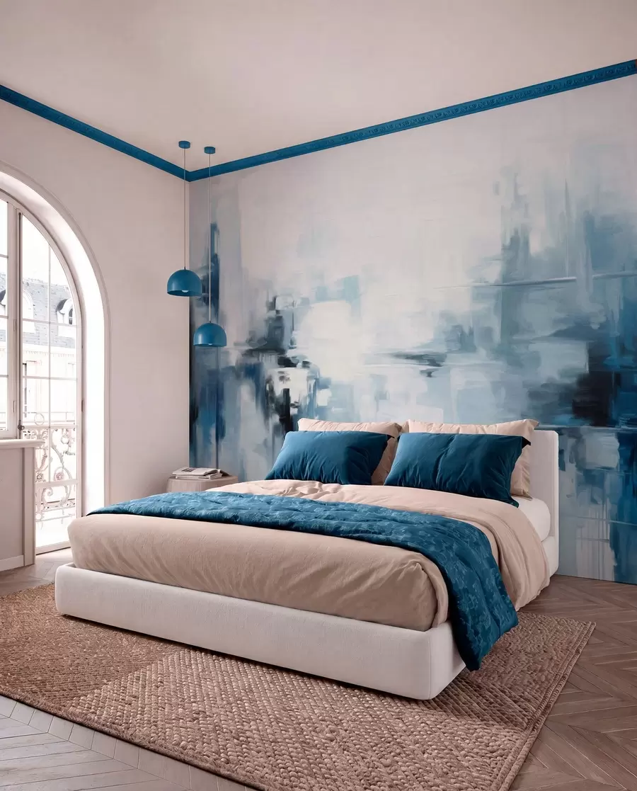 fototapet Imitare de pictură abstractă cu textură peisagistică, cu pensule albastre și albe, stil modern w09422