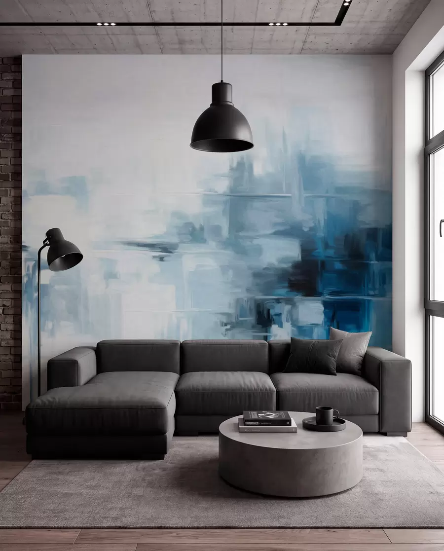 fototapet Imitare de pictură abstractă cu textură peisagistică, cu pensule albastre și albe, stil modern w09422