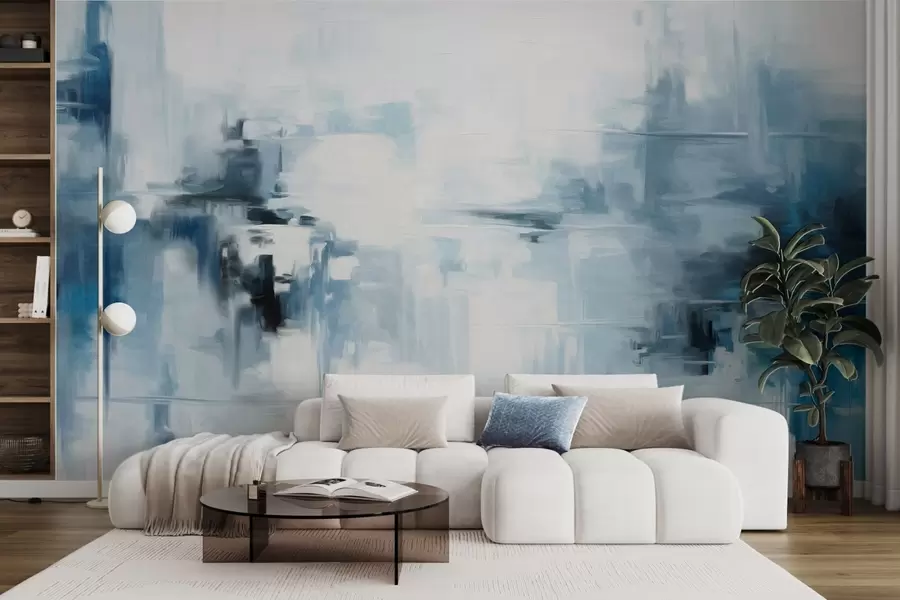 fototapet Imitare de pictură abstractă cu textură peisagistică, cu pensule albastre și albe, stil modern w09422