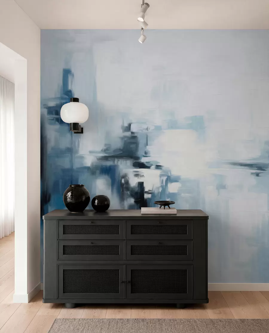 fototapet Imitare de pictură abstractă cu textură peisagistică, cu pensule albastre și albe, stil modern w09422