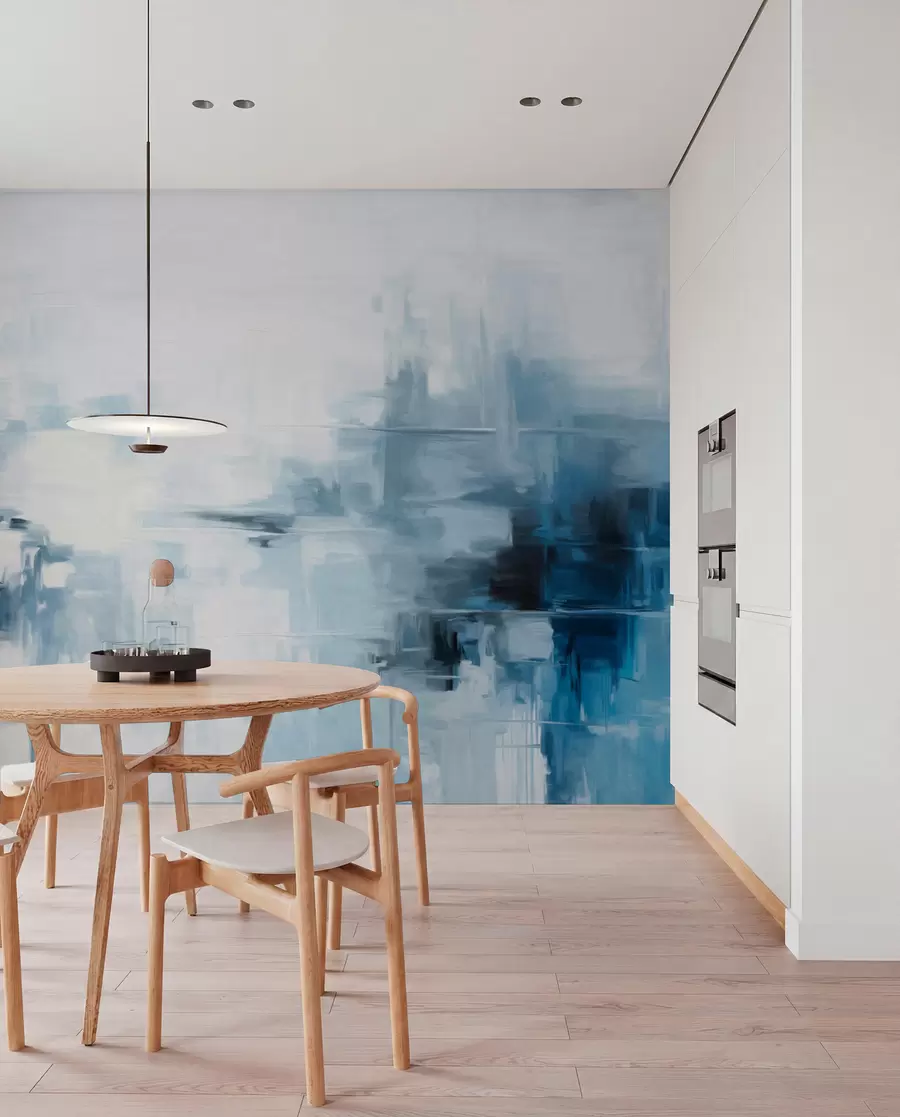 fototapet Imitare de pictură abstractă cu textură peisagistică, cu pensule albastre și albe, stil modern w09422