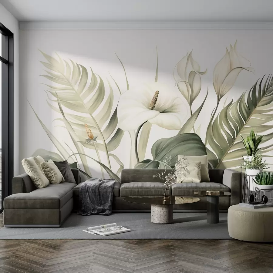 fototapet Calla albe și frunze tropicale verzi, ilustrație botanică, fundal deschis, stil vintage, texturat w09423
