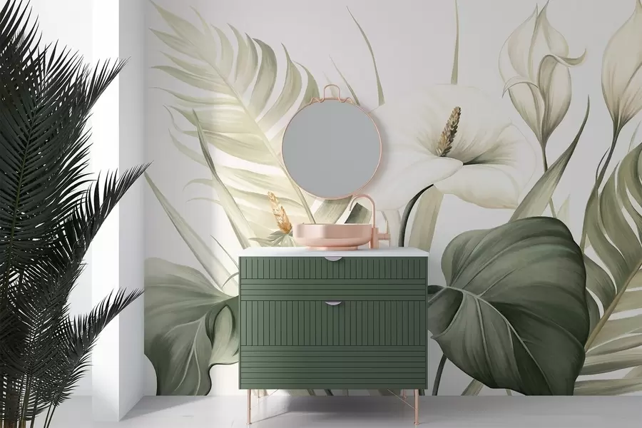 fototapet Calla albe și frunze tropicale verzi, ilustrație botanică, fundal deschis, stil vintage, texturat w09423