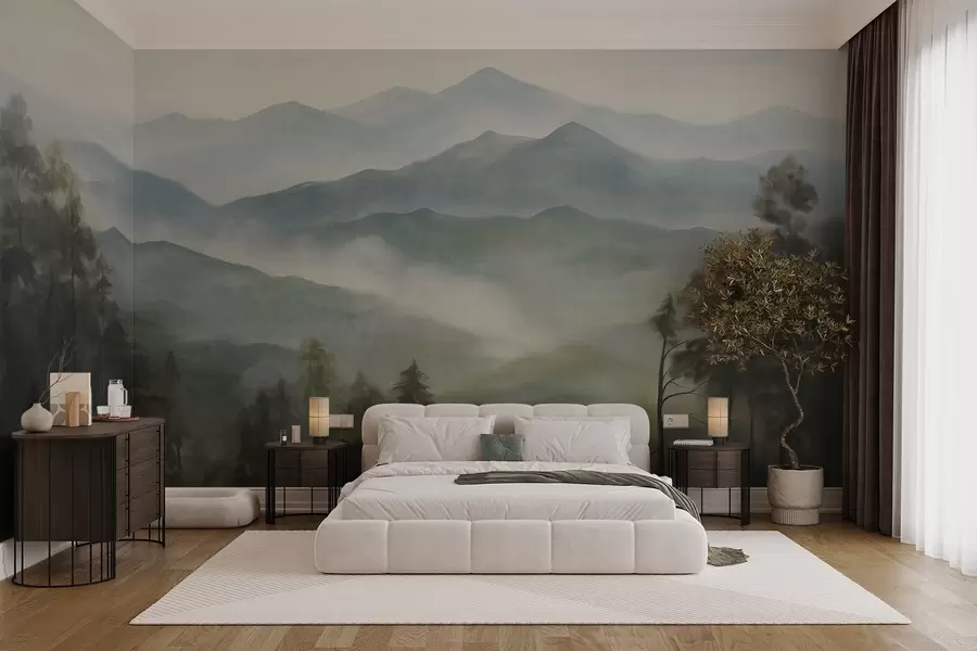 fototapet Lanț muntos în ceață, cu copaci, ceață, cer înnorat, culori estompate, stil pictural peisagistic w09424